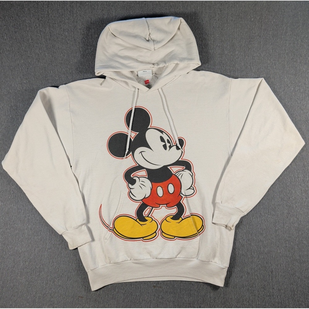 Vtg Disney Parks MICKEY MOUSE Graphic Hoodie Adult Medium White Pullover Hanes